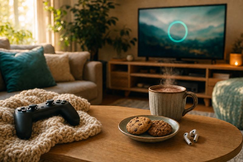 Sunlit living room with a game controller on a knit blanket, hot cocoa and cookies in front of a television showing a teal loading ring