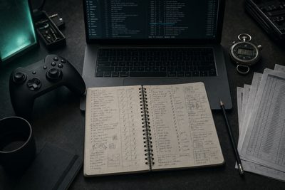 Dark desk with a game controller, handwritten test checklist and a laptop showing a changelog