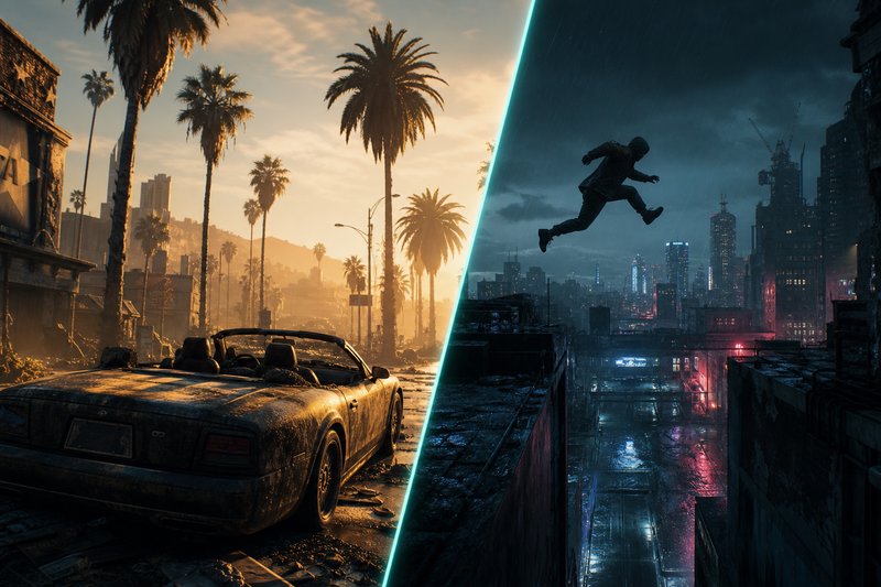 Side-by-side comparison screenshots of Dead Island 2 FLESH system and Dying Light 2 parkour traversal on PS5